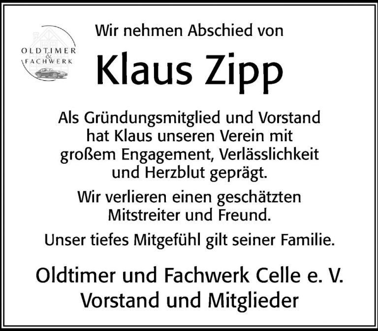 Traueranzeige Klaus Zipp Oldtimer und Fachwerk CZ